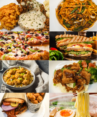 variety of foods, pizza, pasta, ,Asian, seafood, sandwiches