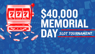 Red slot machine image next to the words "$40,000 Memorial Day Slot Tournament" on a dark blue background.